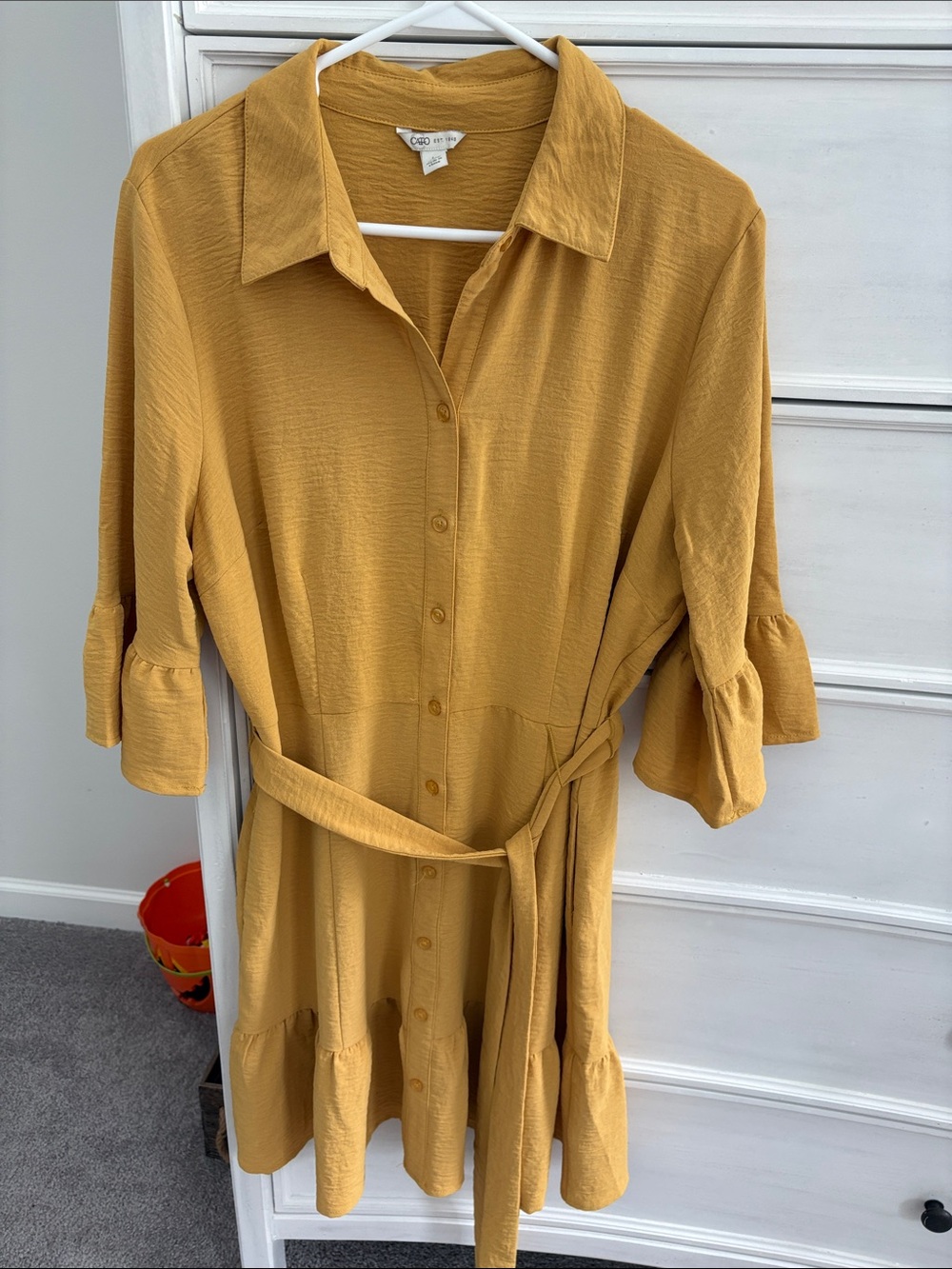 Cato Mustard Button-Front Belted Shirt Dress